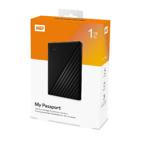 Una caja negra de disco duro externo WD My Passport. La unidad es visible a través de una ventana.