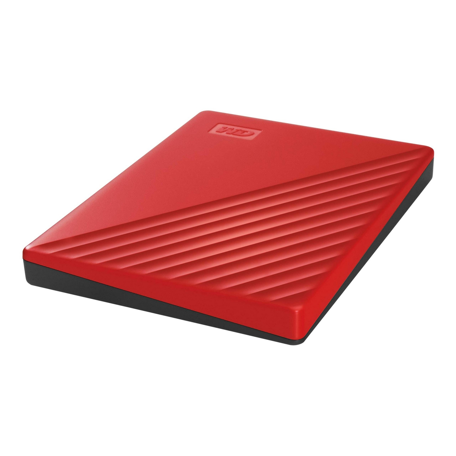 Un disco duro externo rojo con una superficie texturizada y el logotipo de WD.