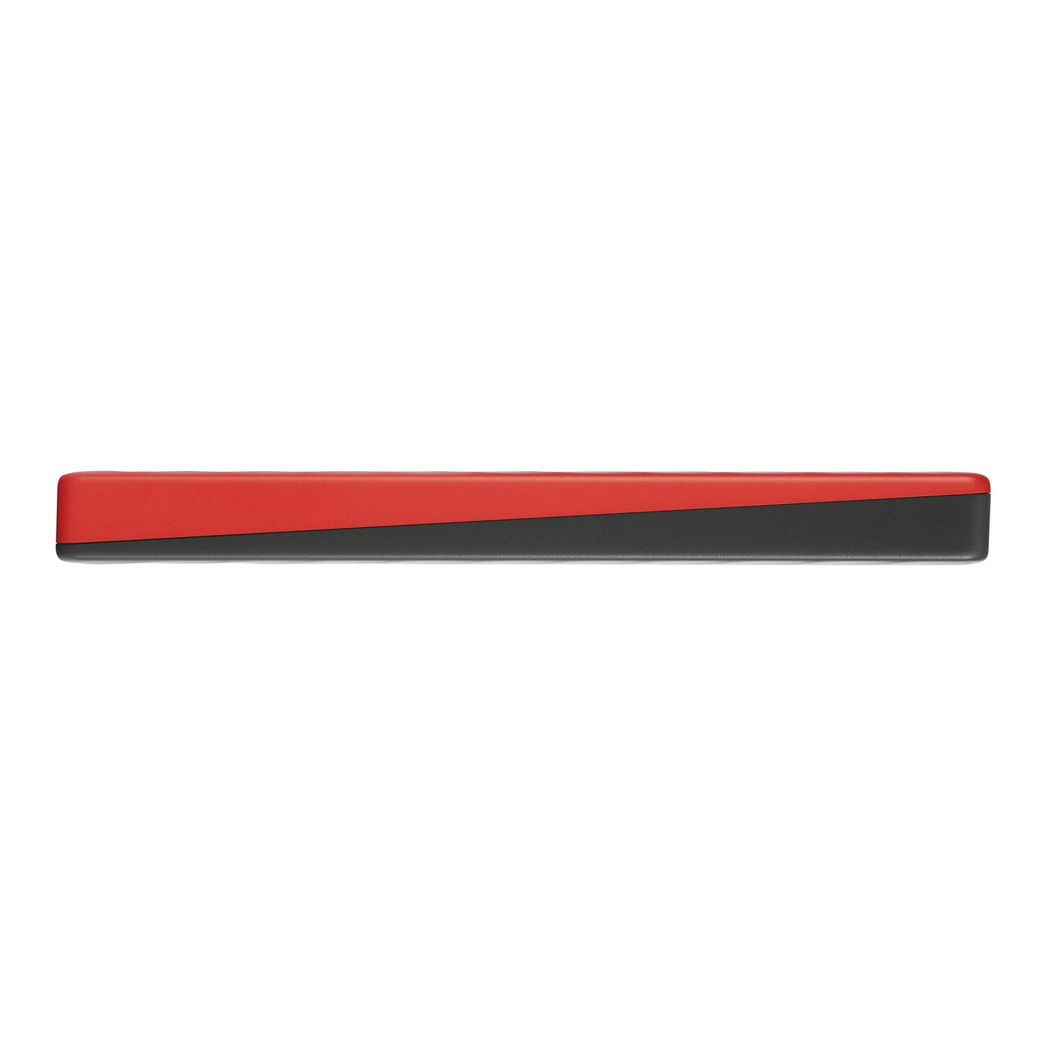 Un objeto rectangular rojo y negro. La parte superior es roja, la inferior es negra. Vista lateral.