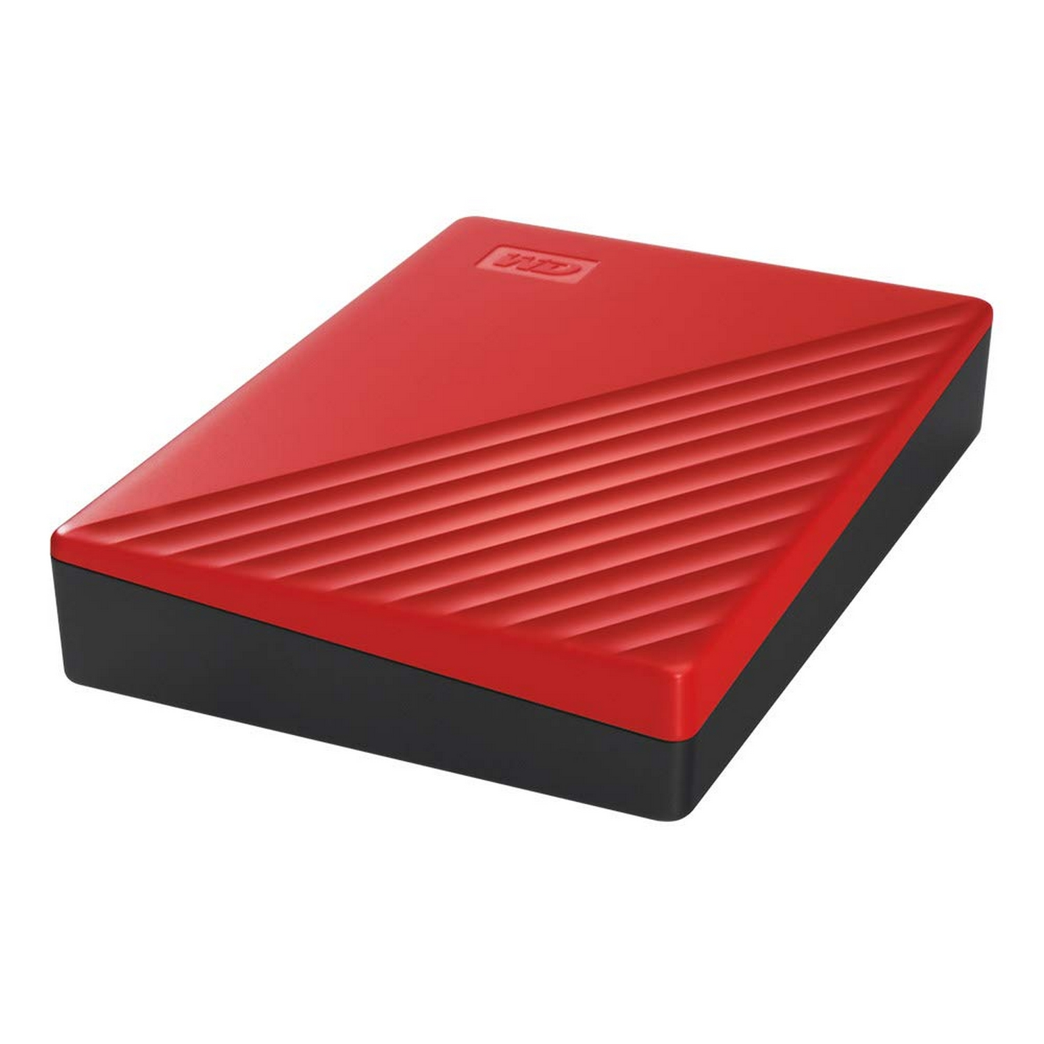 Un disco duro portátil rojo y negro con un diseño texturizado en la parte superior.