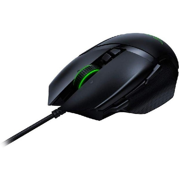 Un ratón gaming Razer negro con una rueda de desplazamiento verde.