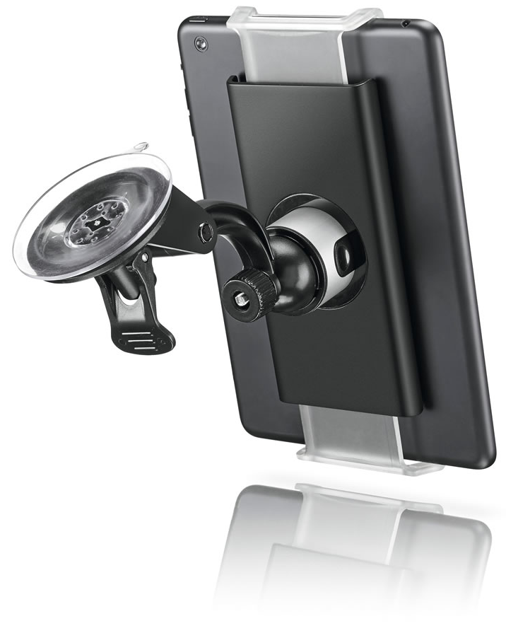 Tablet egy autós tartóban. Fekete tablet, fekete-átlátszó tartó, fehér háttér.