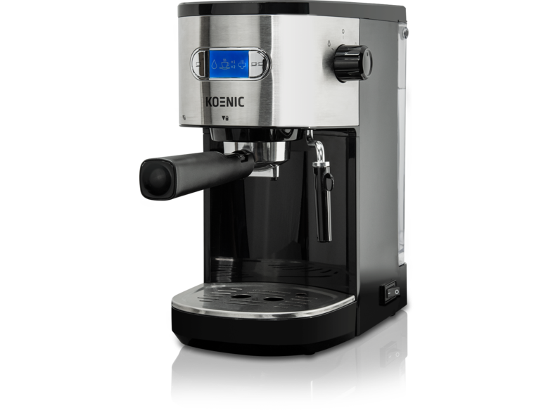 Machine à expresso. Design en acier inoxydable et noir avec affichage numérique et poignée noire.