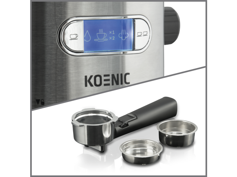 Gros plan d'une machine à expresso Koenic avec accessoires.