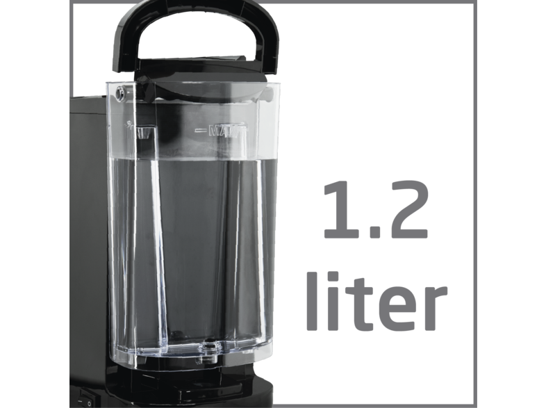 Réservoir d'eau noir de machine à café. Il a une capacité de 1,2 litre avec le mot 'MAX'.