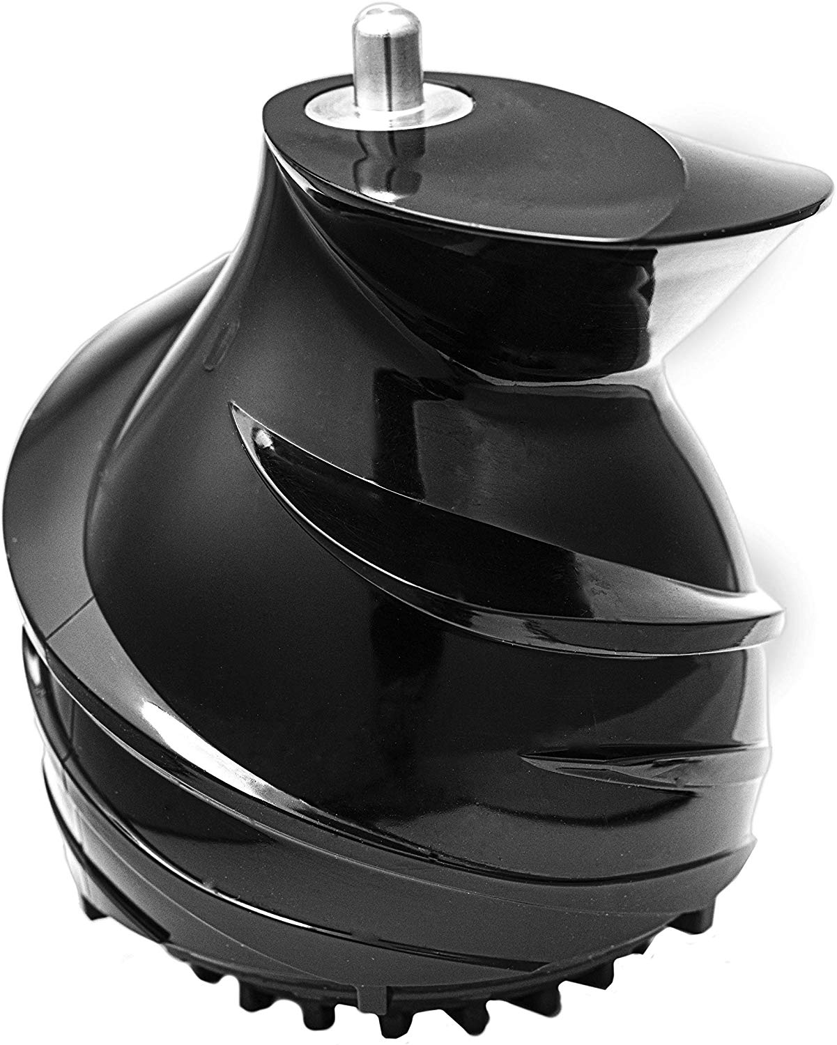 Nahaufnahme eines schwarzen Entsafterteils mit glänzendem, spiralförmigem Design.