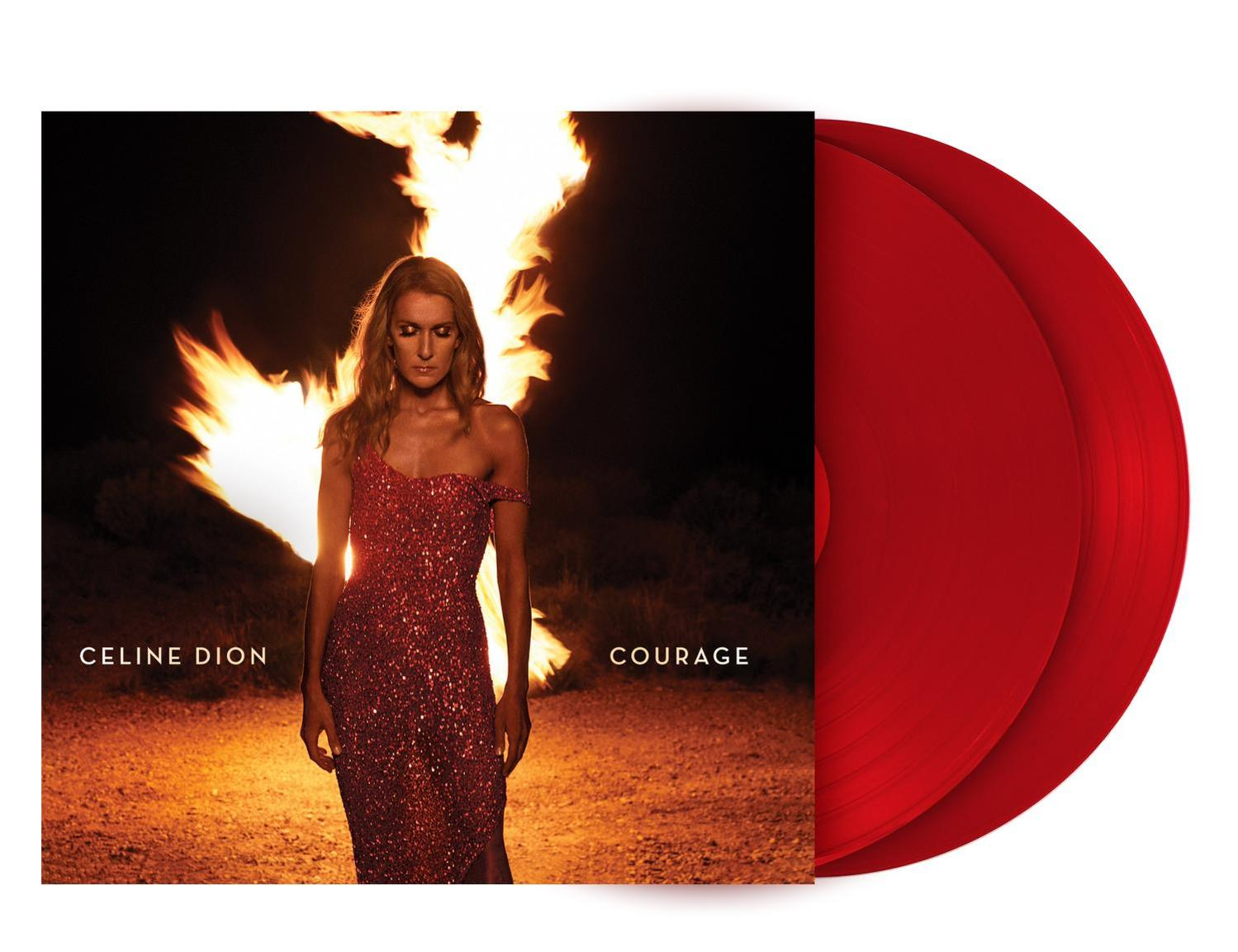 Celine Dion Albumcover mit der Sängerin vor Flammen stehend.