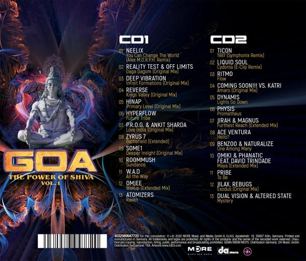 Ein CD-Cover mit einer Shiva-Statue und Text. Es steht Goa, The Power of Shiva, Vol. 1.