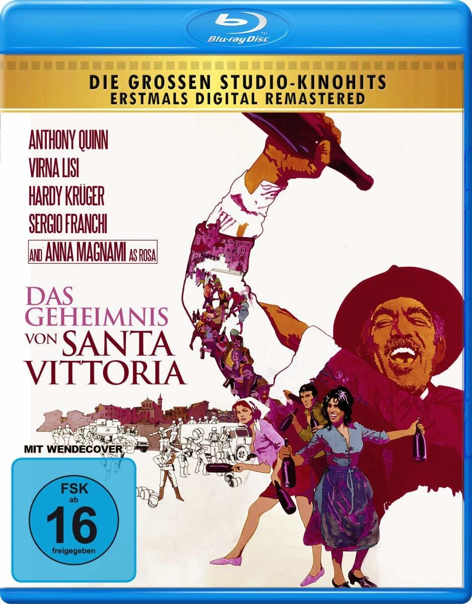 Filmcover. Menschen in einer Szene mit Gebäuden und Text. Text: 'Das Geheimnis von Santa Vittoria'.