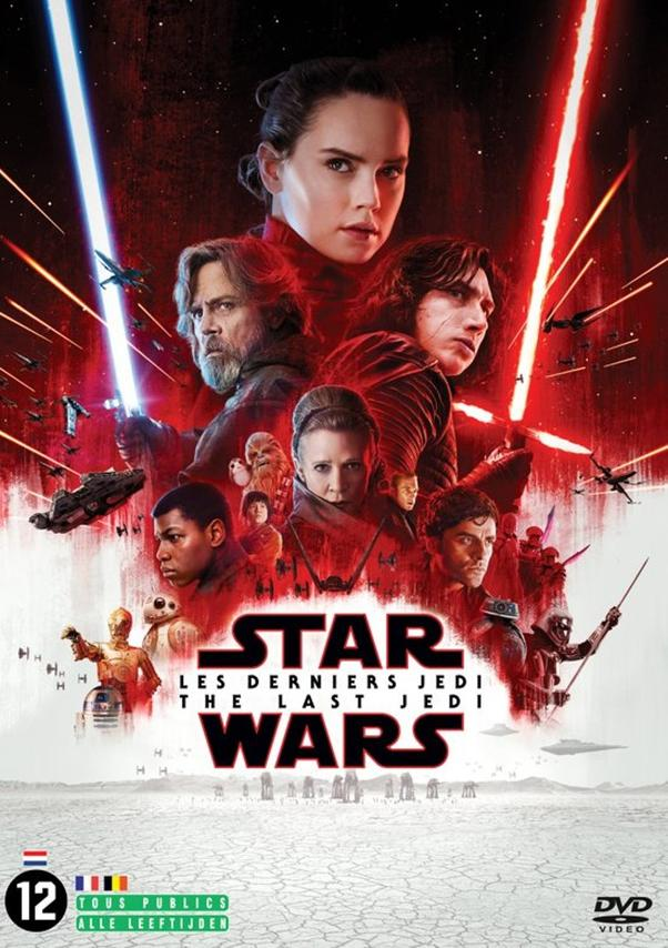 Affiche du film Star Wars : Les Derniers Jedi. Présente des personnages et des lumières rouges et bleues.