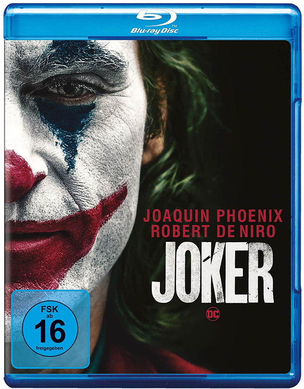Joker Blu-ray-Cover mit Joaquin Phoenix' Gesicht mit Clown-Make-up, dunkler Hintergrund.