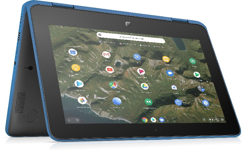 Una computadora portátil convertible HP Chromebook x360 azul y negra.