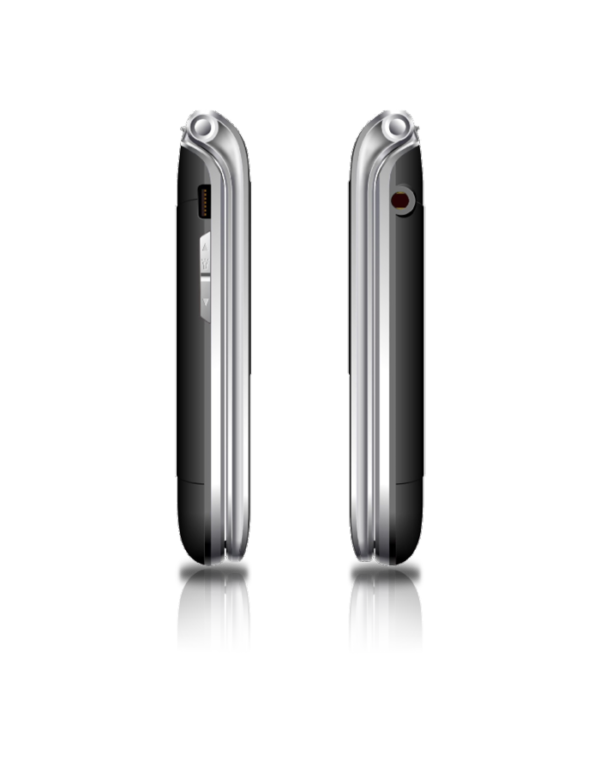 Zwei Seitenansichten eines silber-schwarzen Telefons.