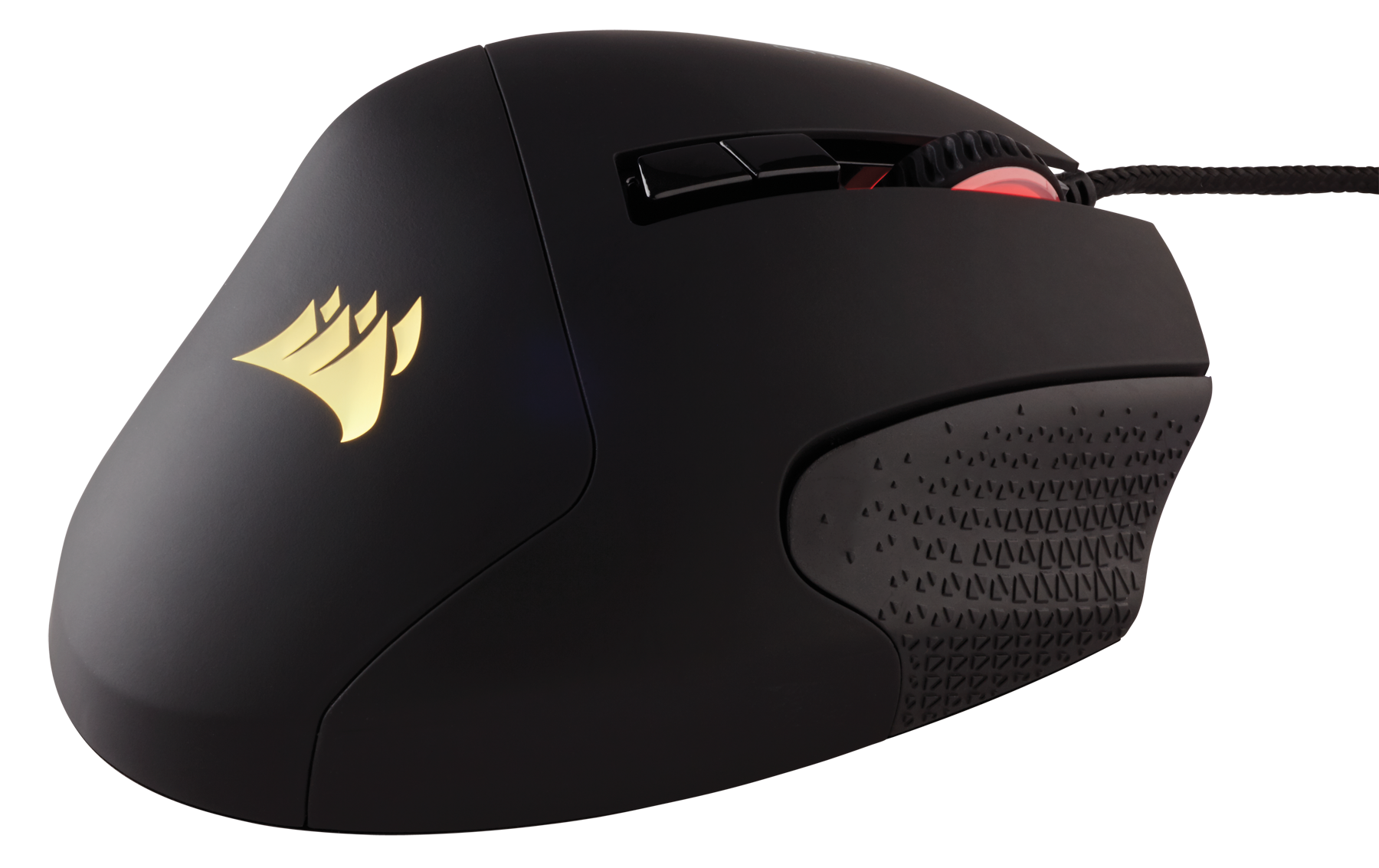 Schwarze Gaming-Maus mit goldenem Corsair-Logo. Rotes Licht am Scrollrad und Seitentasten.