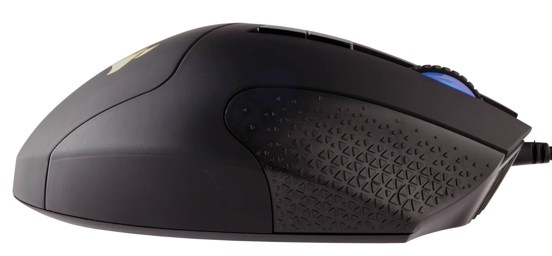 Schwarze Gaming-Maus mit Corsair-Logo. Strukturierter Griff und Seitentasten. Schwarzer Hintergrund.