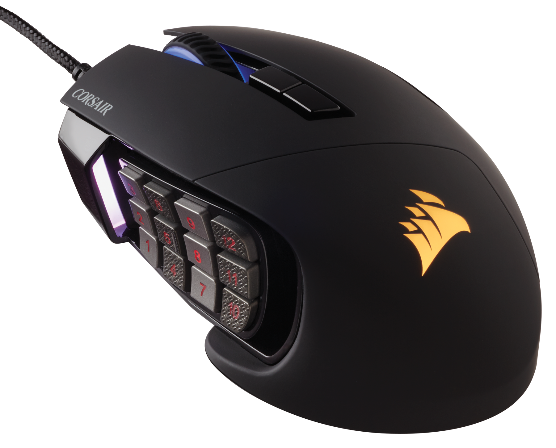 Schwarze Corsair Gaming-Maus mit Seitentasten und gelbem Logo.