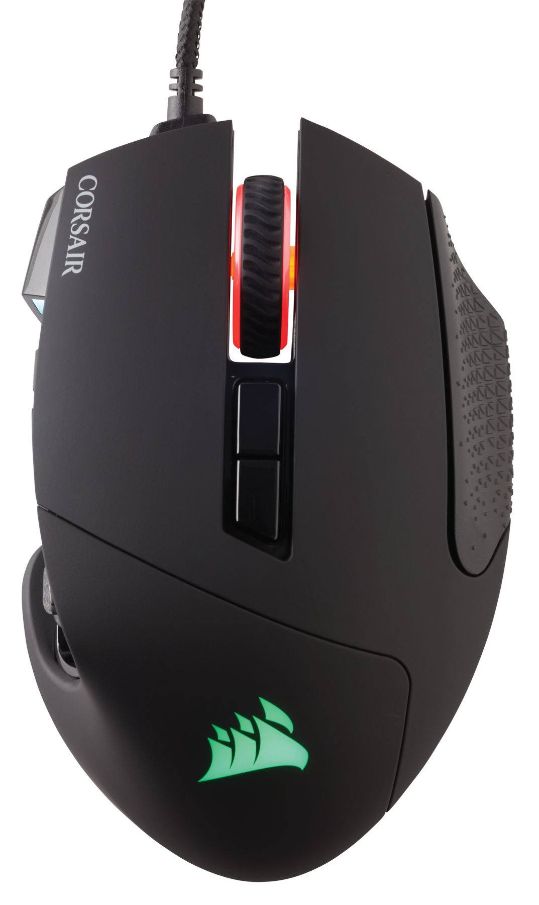 Schwarze Gaming-Maus. Rote Lichter auf dem Scrollrad. Corsair-Logo vorne, mit grünem Logo.