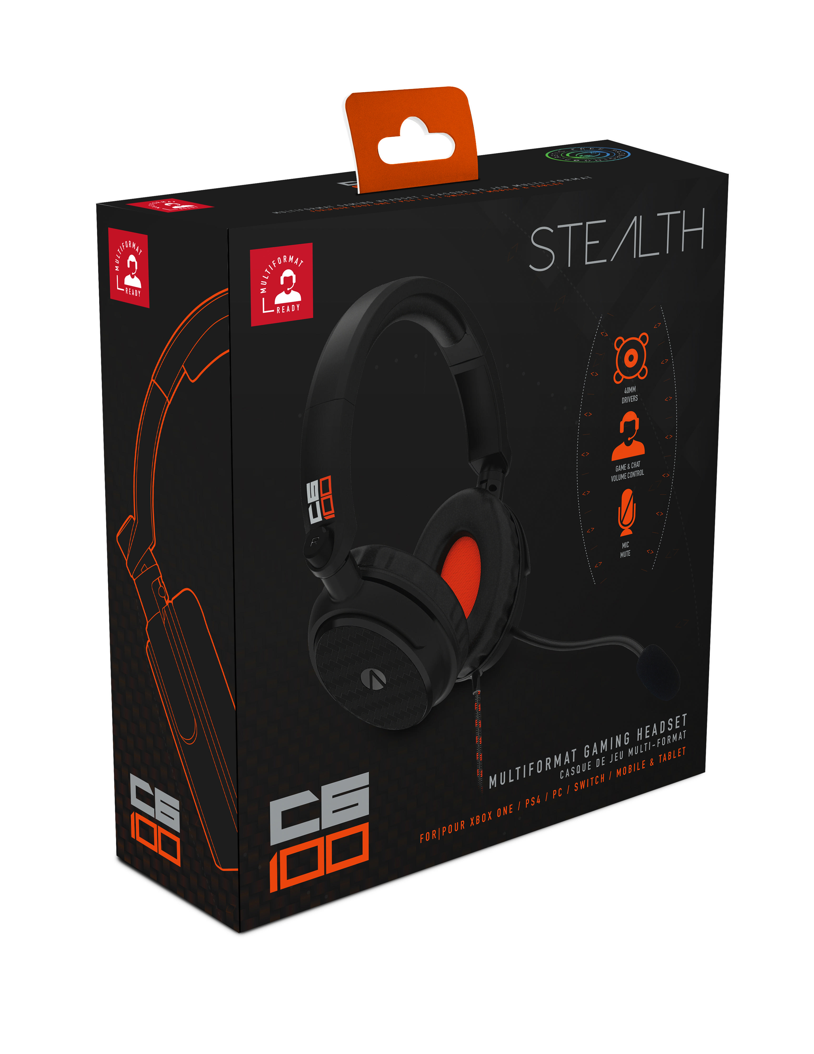 Eine schwarze und orange Stealth-Headset-Box. Die Box enthält ein Headset-Bild und Text.