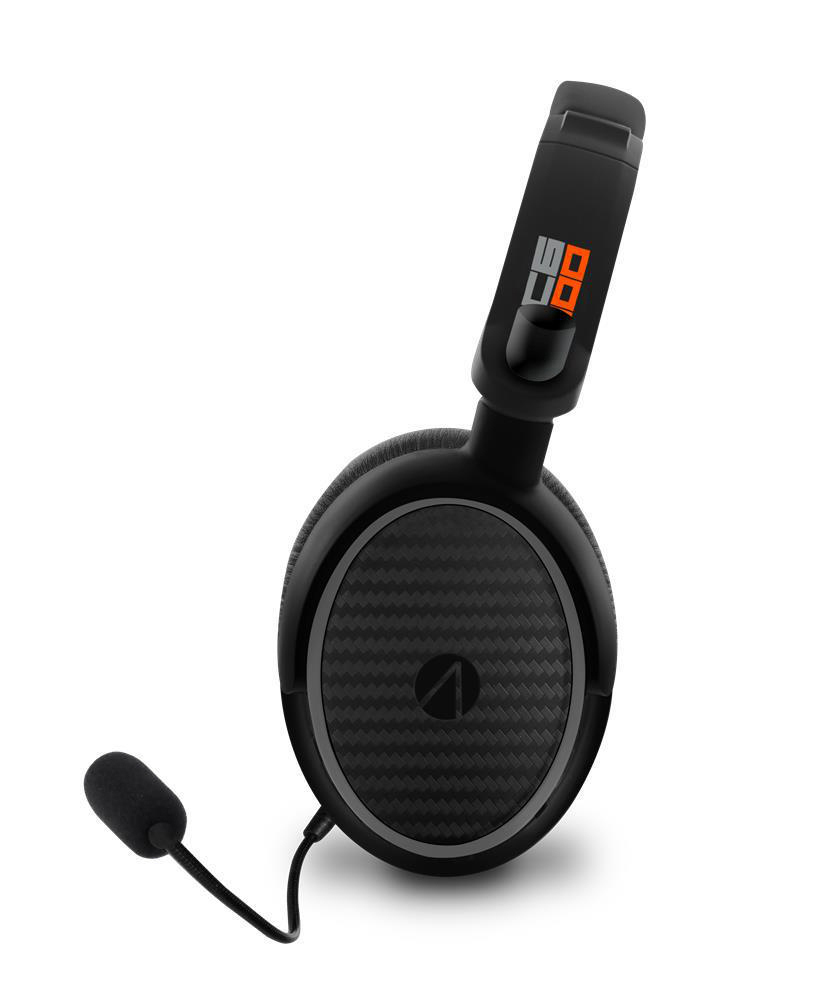 Schwarzes Gaming-Headset mit Mikrofon. Orange und weiße Akzente.