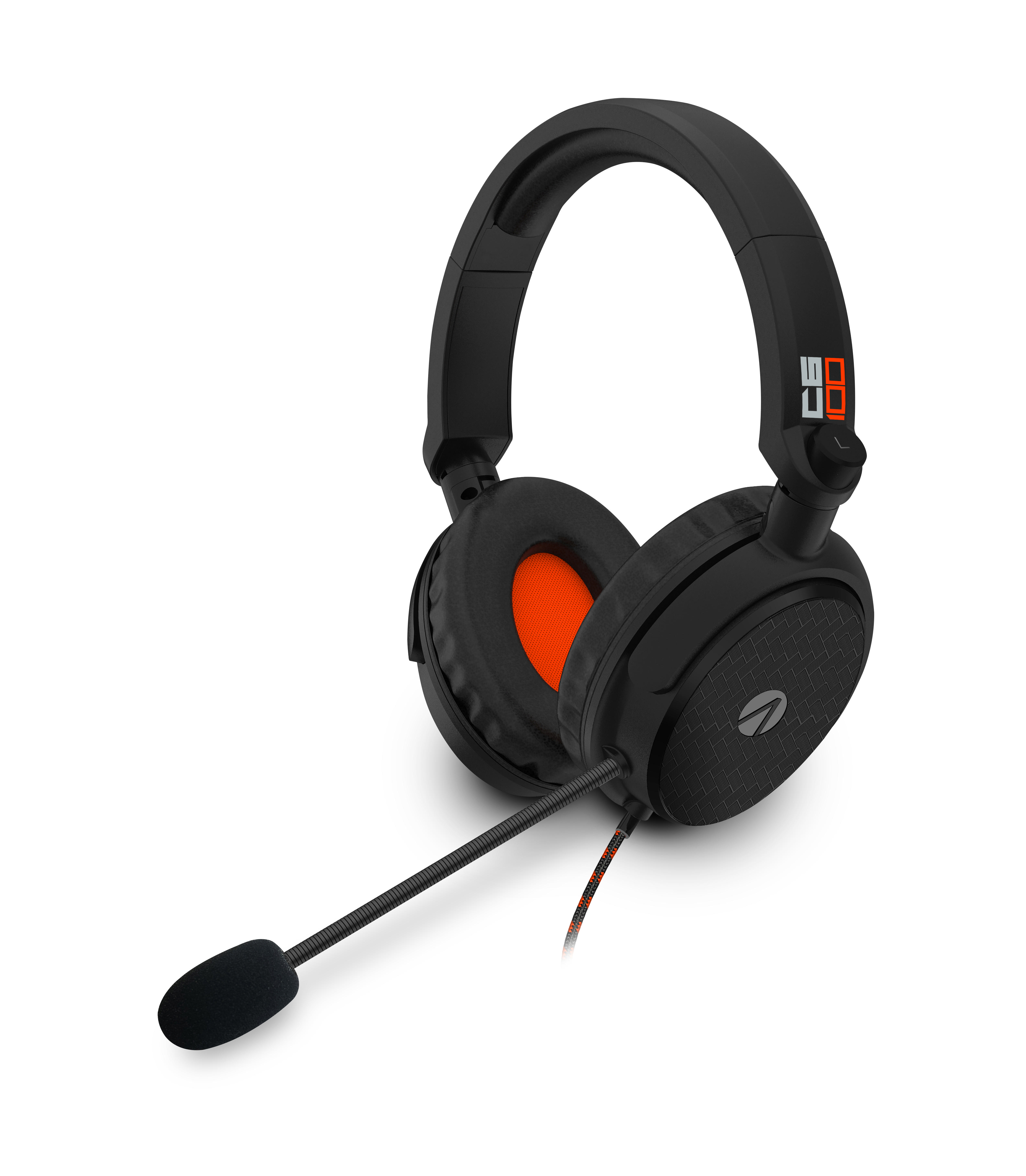 Schwarzes Gaming-Headset mit Mikrofon. Die Ohrmuscheln sind schwarz mit orangefarbenen Akzenten und einem Logo.