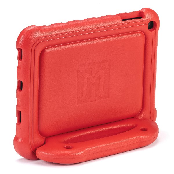 Una funda protectora roja para una tableta. Tiene un asa y el logotipo de la letra M.