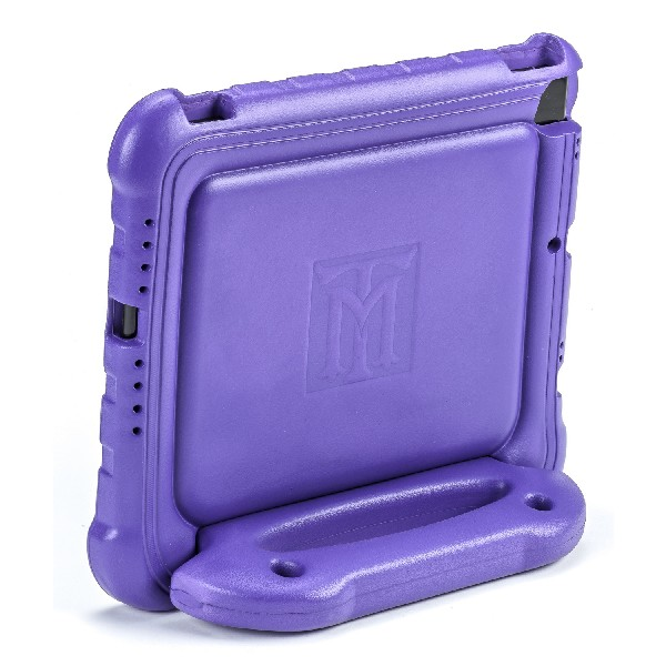 Funda de tableta morada con asa y el logotipo 'M' en relieve.
