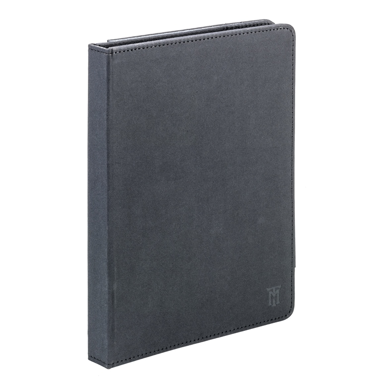 Una funda de libro o tableta de cuero gris oscuro. Tiene un borde cosido y un pequeño logotipo en la esquina inferior derecha.