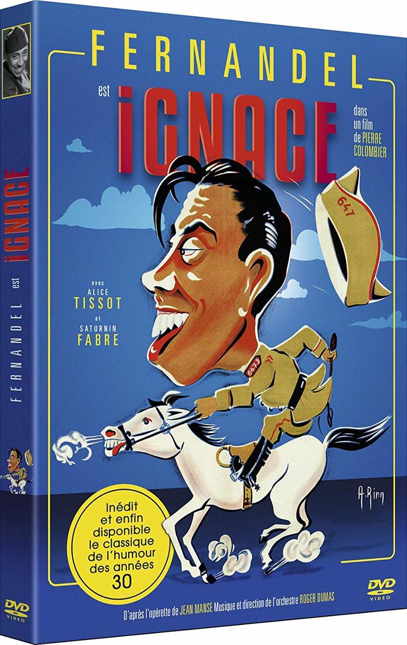 DVD-hoes met een tekenfilm van een man op een paard. Blauwe achtergrond.
