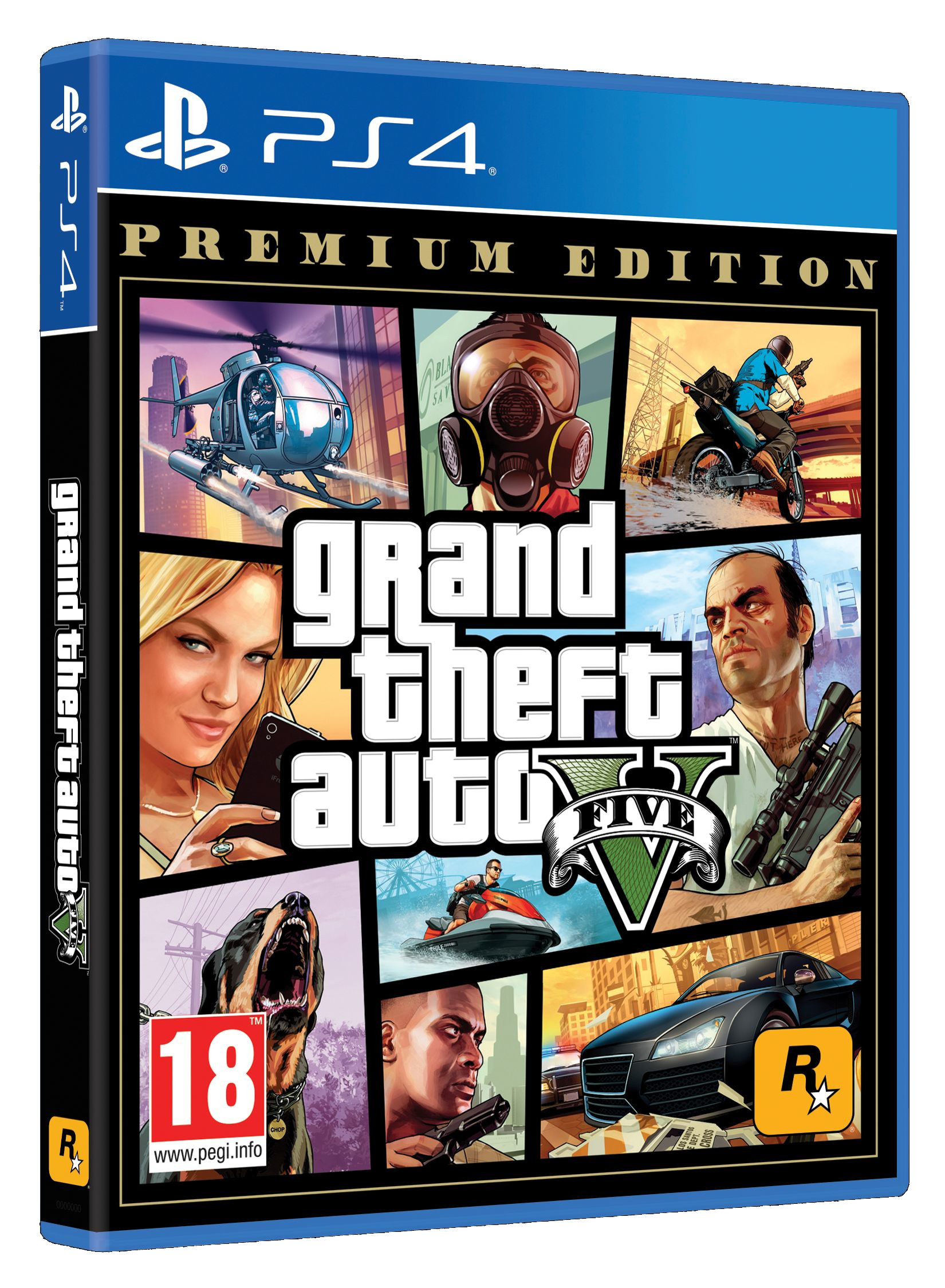 Grand Theft Auto V oyun kutusu resmi. Bir kolajda birden fazla karakter ve sahne, PS4 logosu.