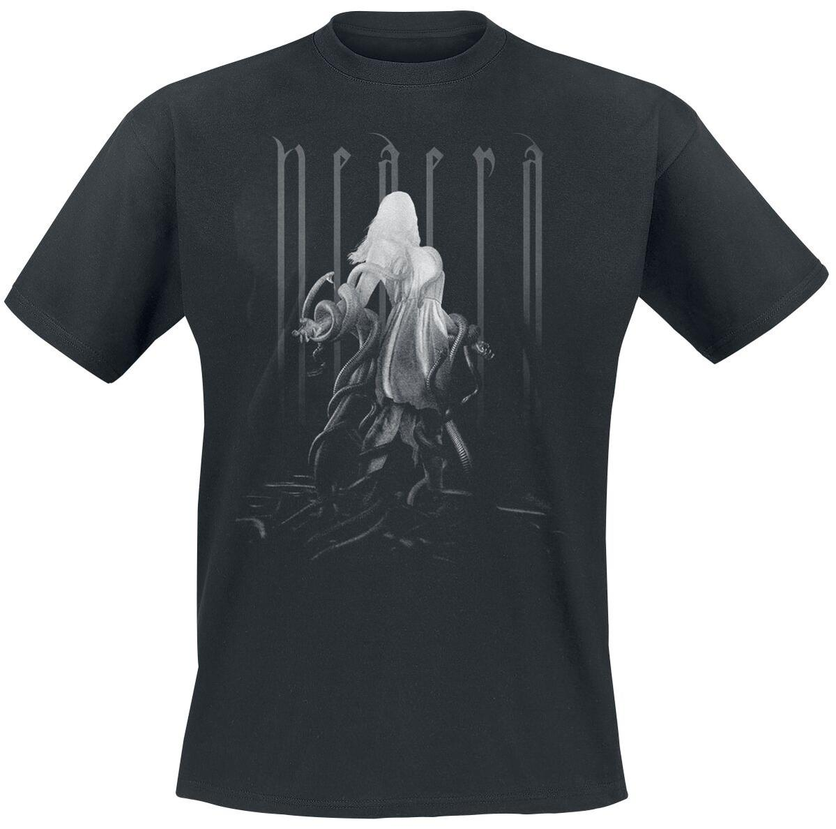 T-shirt noir avec un motif blanc d'une figure et du texte. Le texte dit 'HEDERA'.