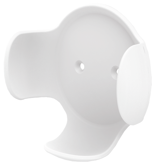 Witte Google Nest Mini muurbevestiging. De houder heeft een ovale vorm met twee gaten.