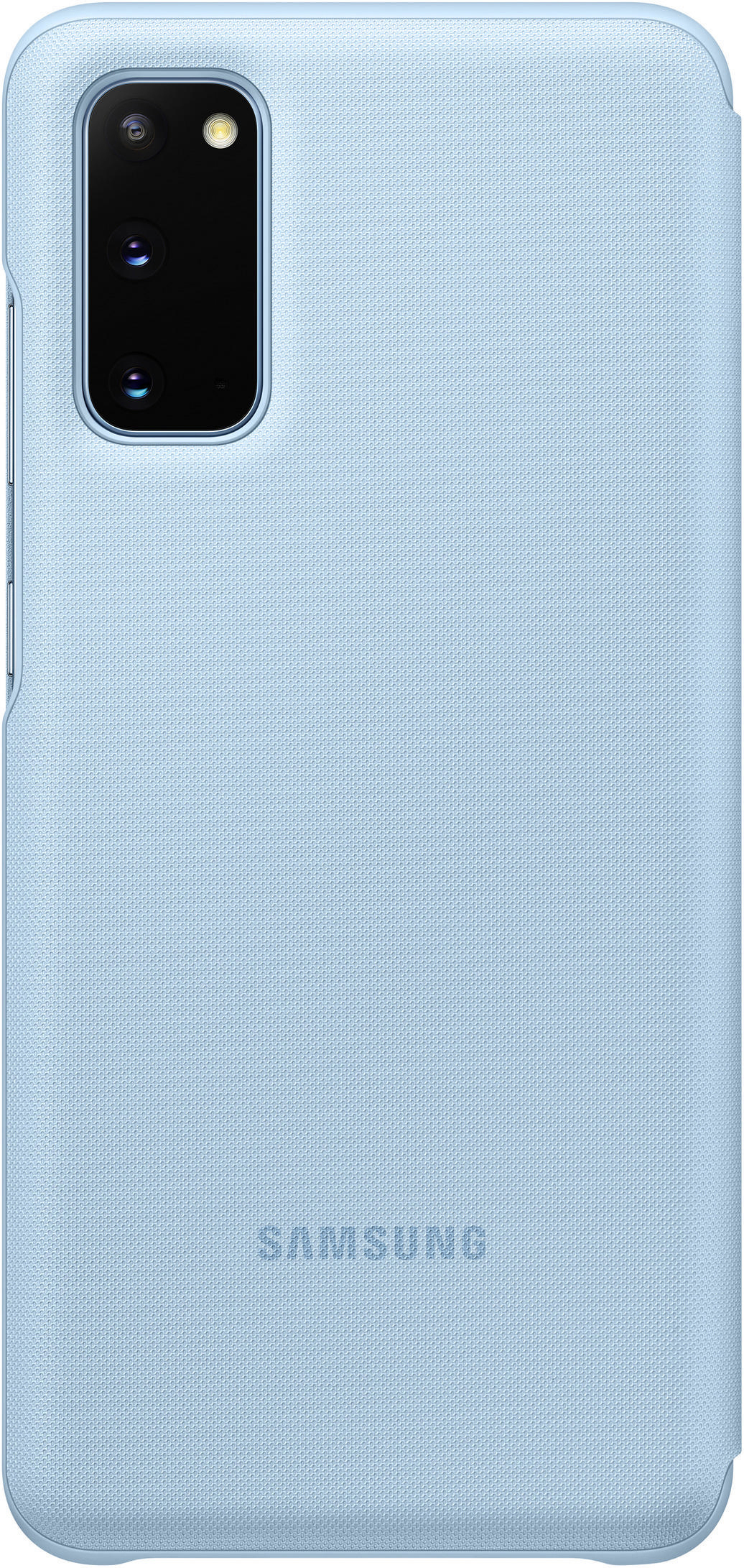 Hellblaue Samsung-Handyhülle. Das Samsung-Logo ist sichtbar.