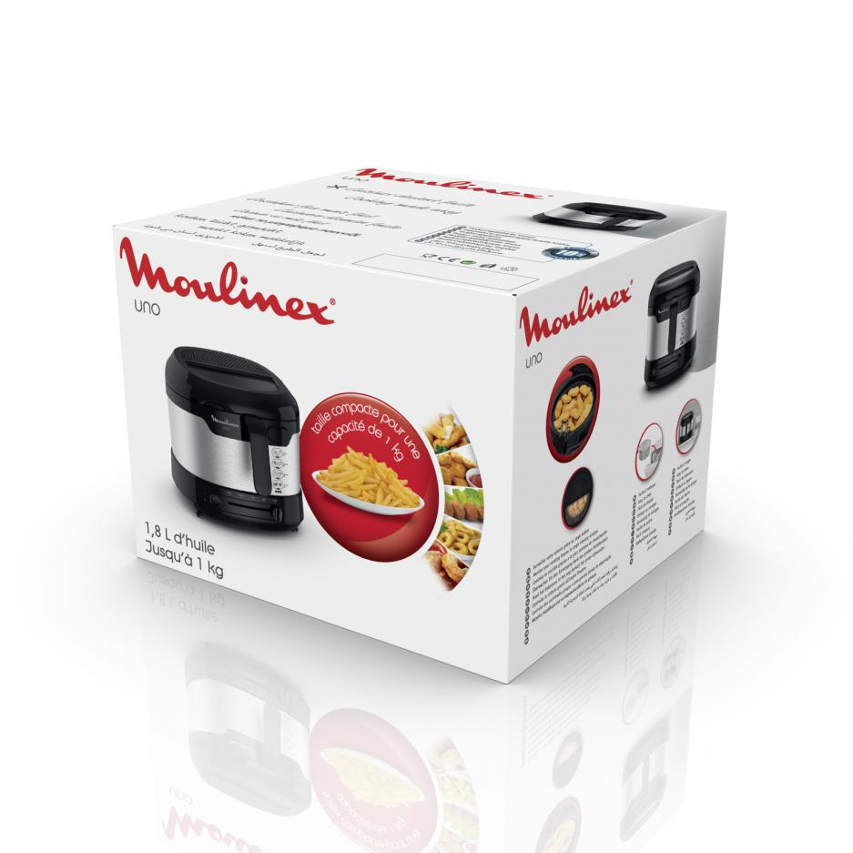 Boîte de friteuse Moulinex UNO, friteuse noire et argentée sur la boîte avec images de frites.