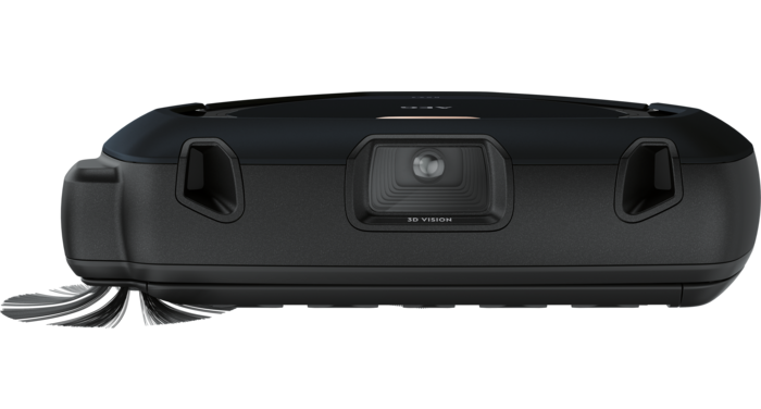 Een zwarte robotstofzuiger met een zijborstel en een 3D-zichtcamera in het midden.