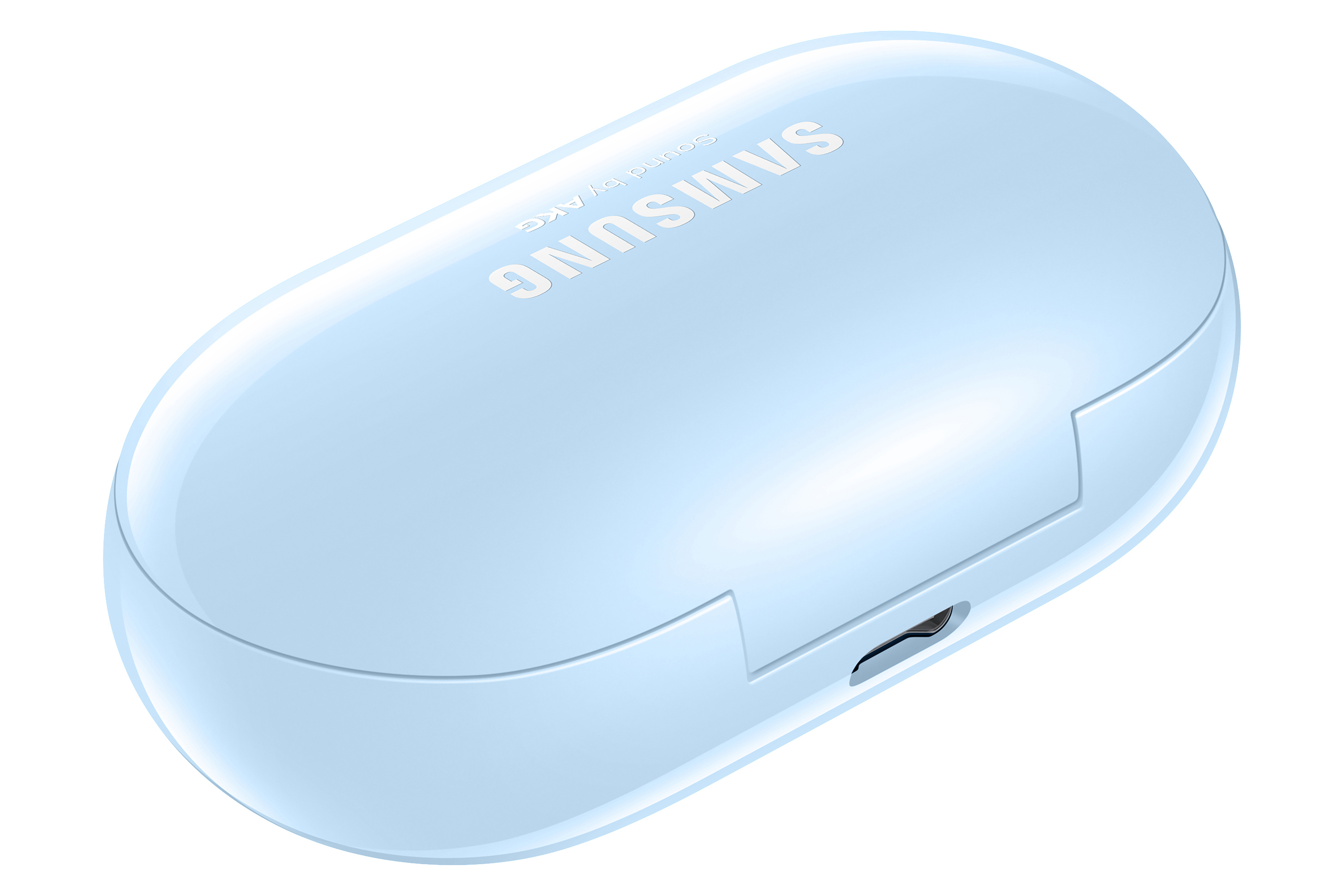 Hellblaues Samsung-Ohrhörer-Ladecase. Samsung-Logo oben.