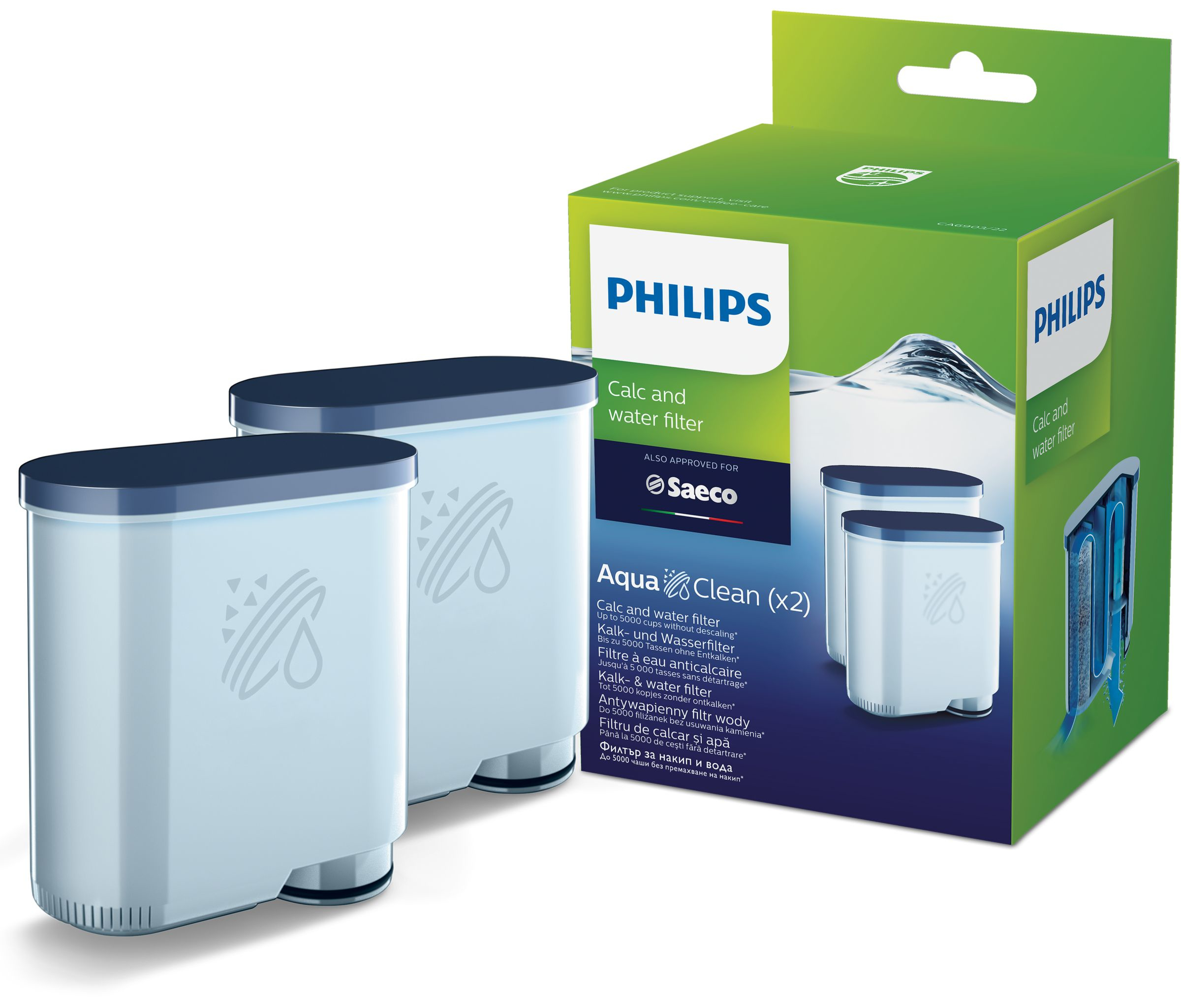 Zwei Philips AquaClean Wasserfilter in einer Box. Die Box zeigt die Filter.