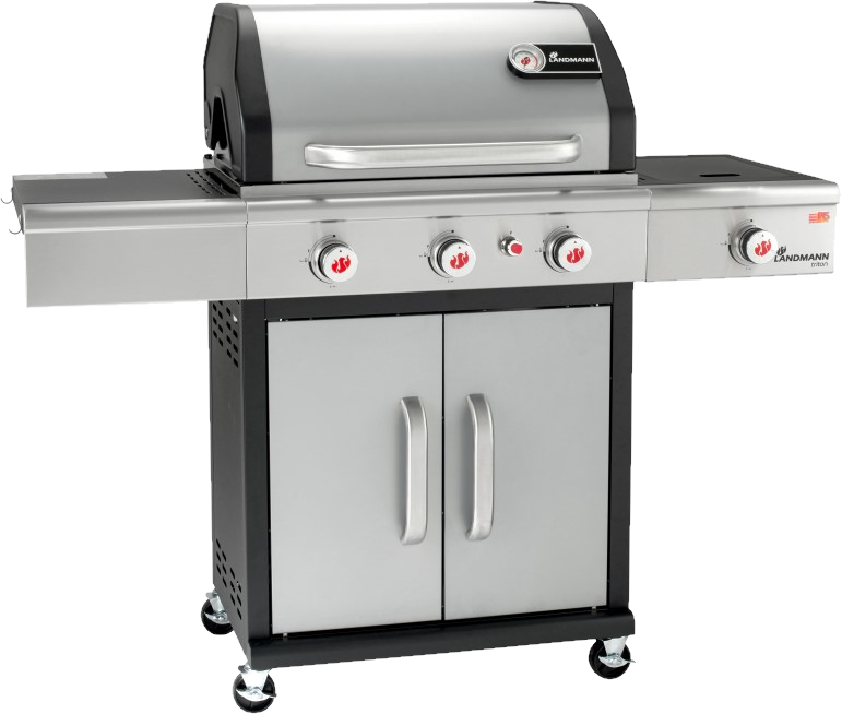 Egy rozsdamentes acél Landmann grill fekete ajtókkal és kerekekkel.