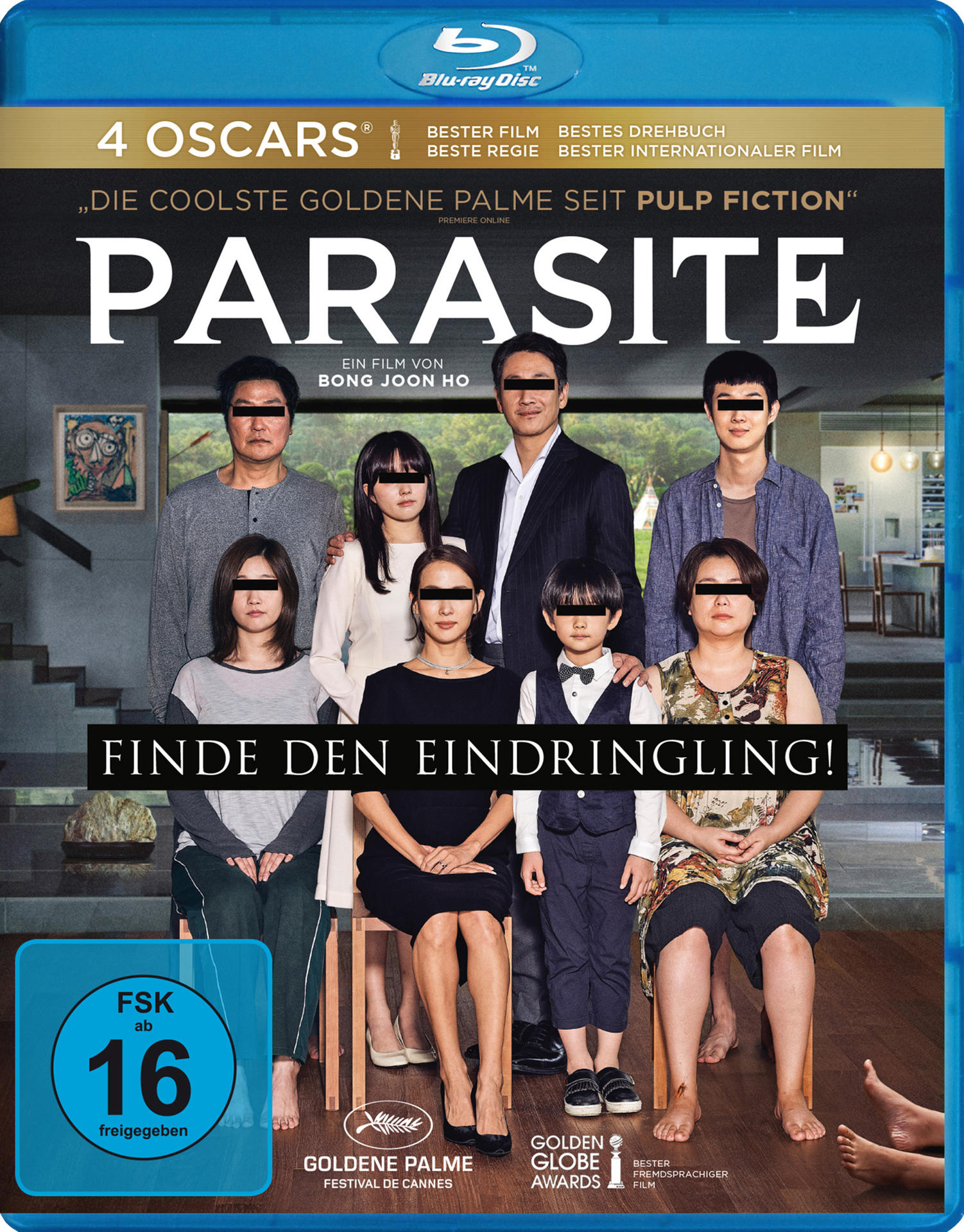 DVD-Cover für den Film 'Parasite'. Gruppe von Menschen mit schwarzen Balken über ihren Augen.