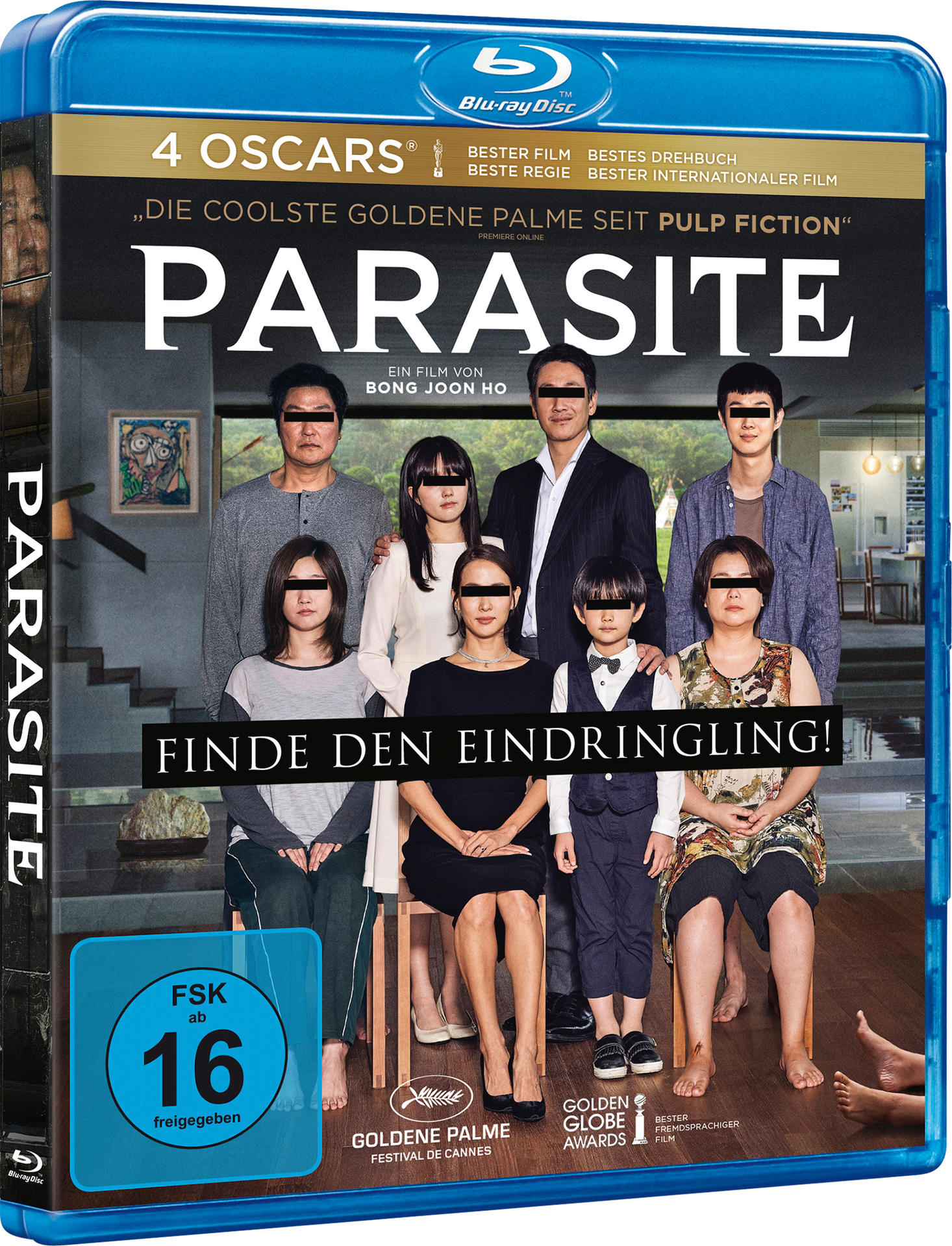 Filmcover von 'Parasite'. Personengruppe, Text auf Deutsch, mit Filmauszeichnungen und FSK 16.