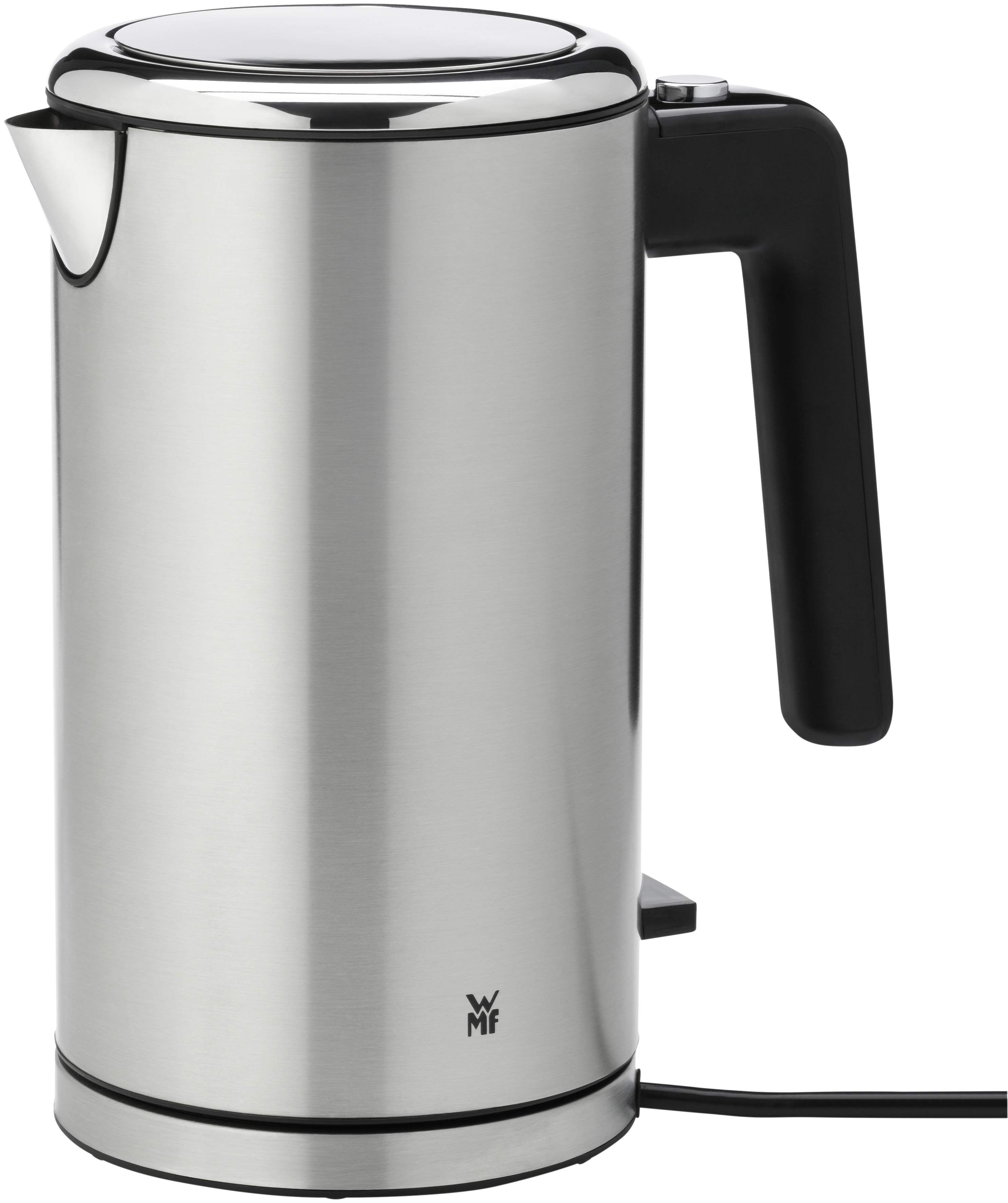 Elektrischer Wasserkocher aus Edelstahl mit schwarzem Griff und Sockel. WMF-Logo sichtbar.