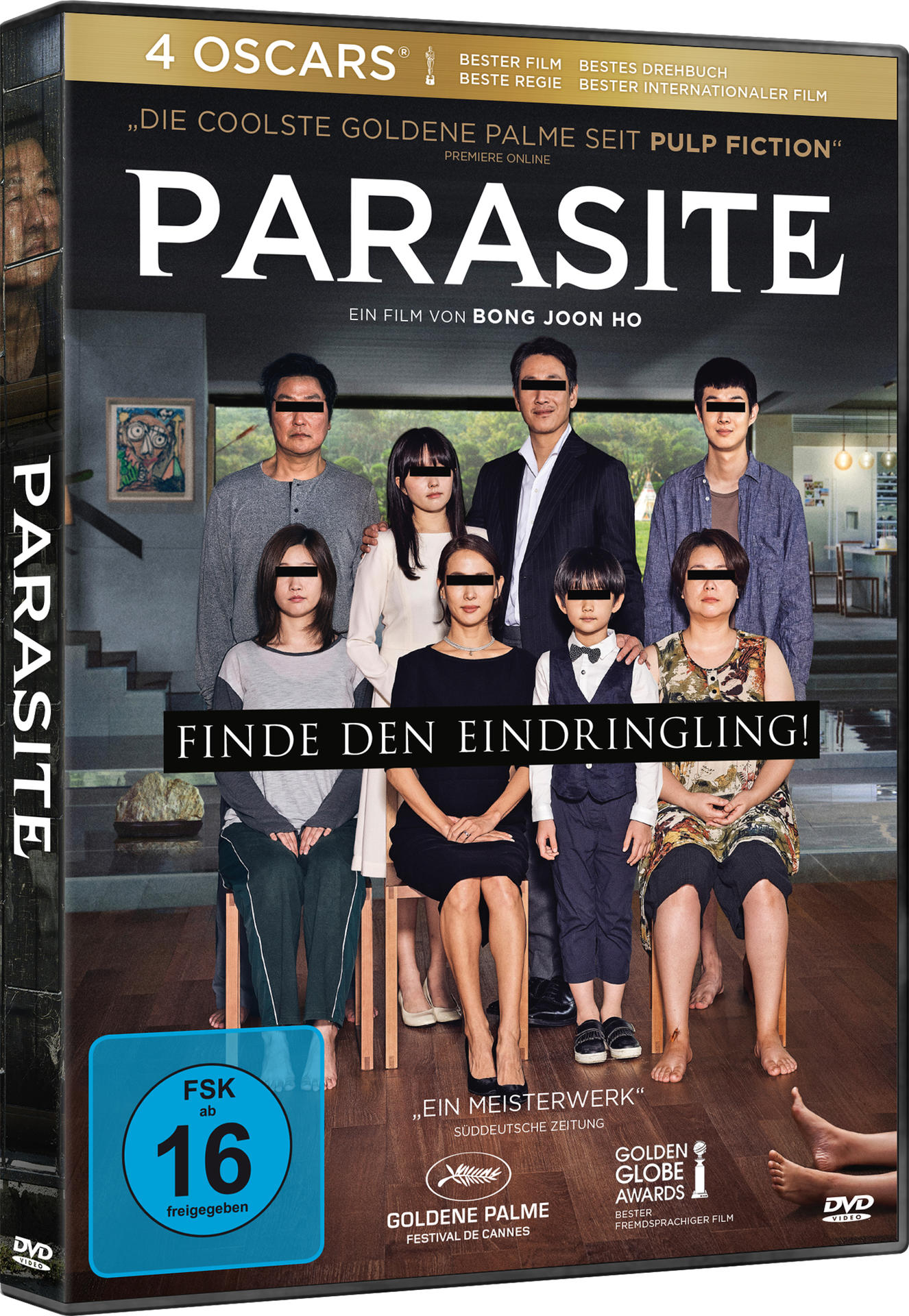 Filmplakat "Parasite" mit Familie und Auszeichnungen.