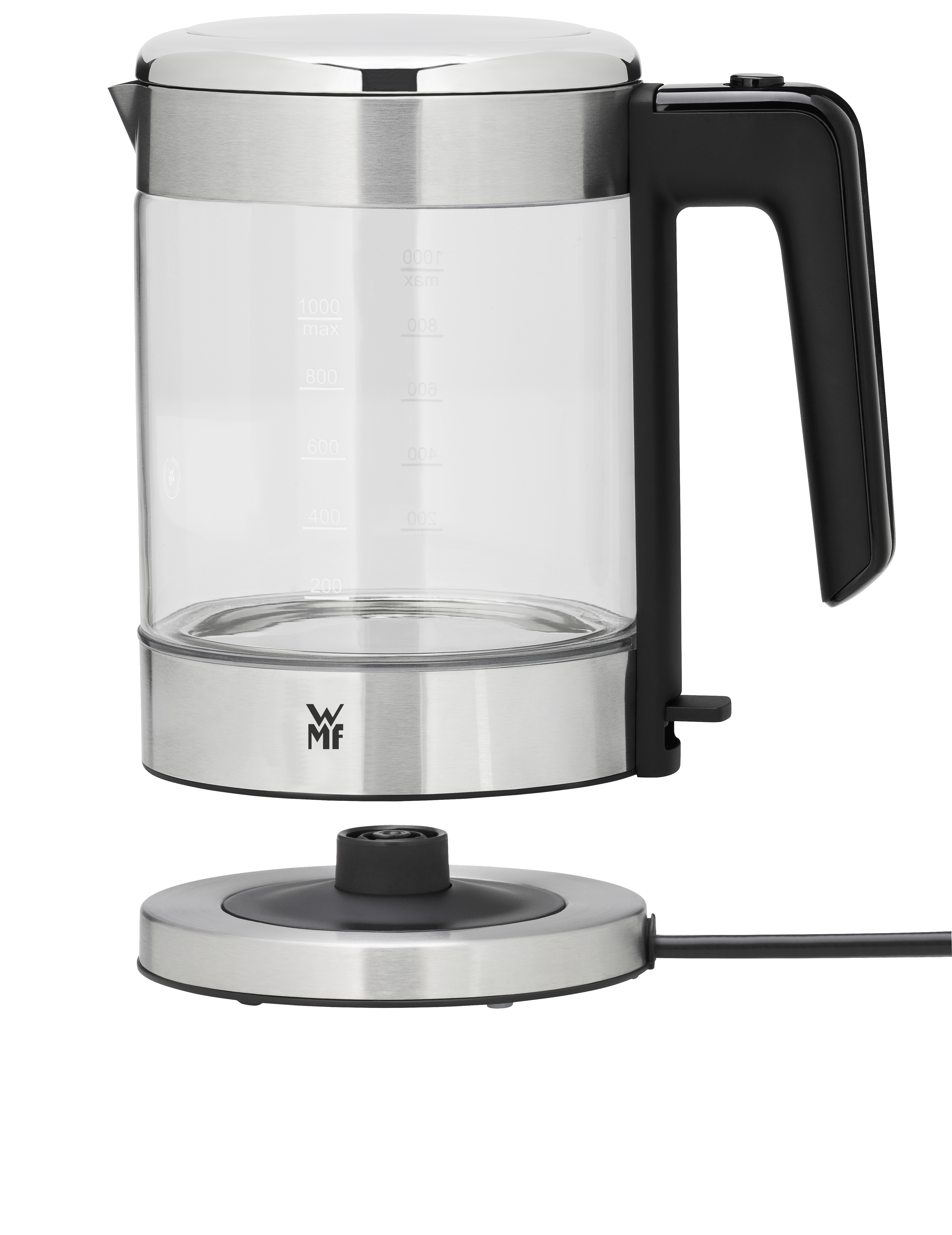 Ein elektrischer Wasserkocher aus Edelstahl mit schwarzem Griff und Boden.
