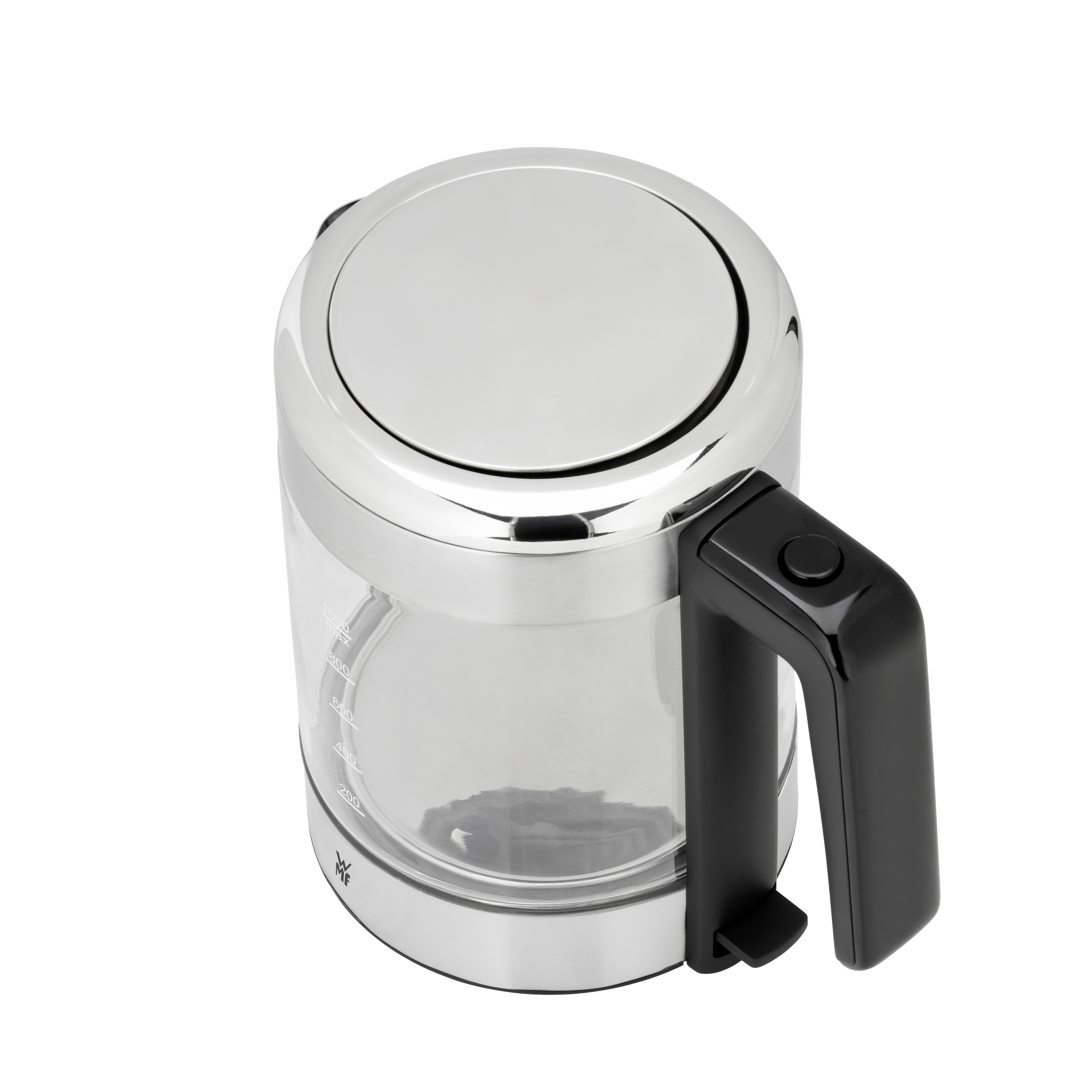 Elektrischer Wasserkocher aus Chrom und Glas mit schwarzem Griff.