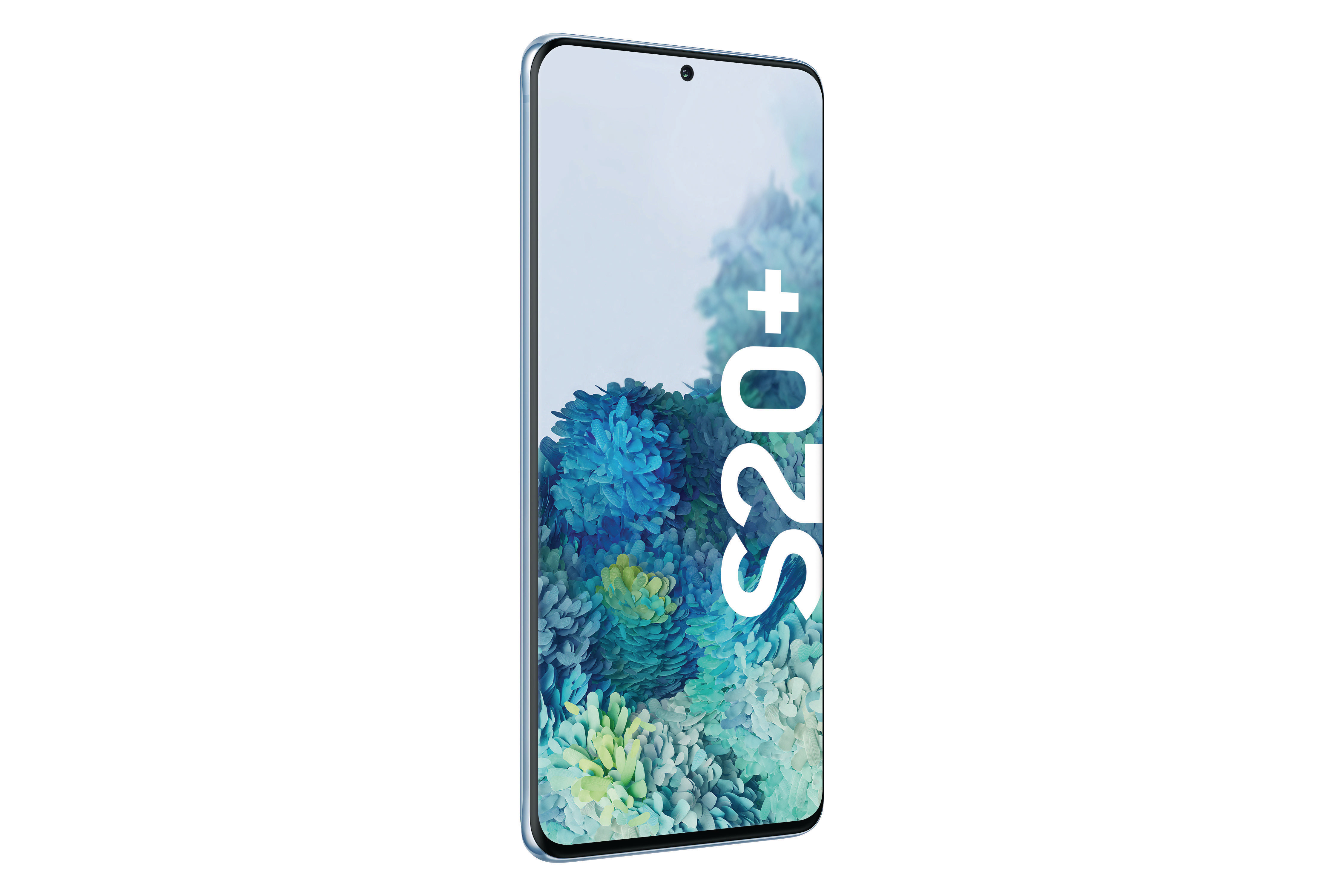 Ein blaues Smartphone, Schrägansicht, mit einem Bildschirm, der Blumen zeigt.