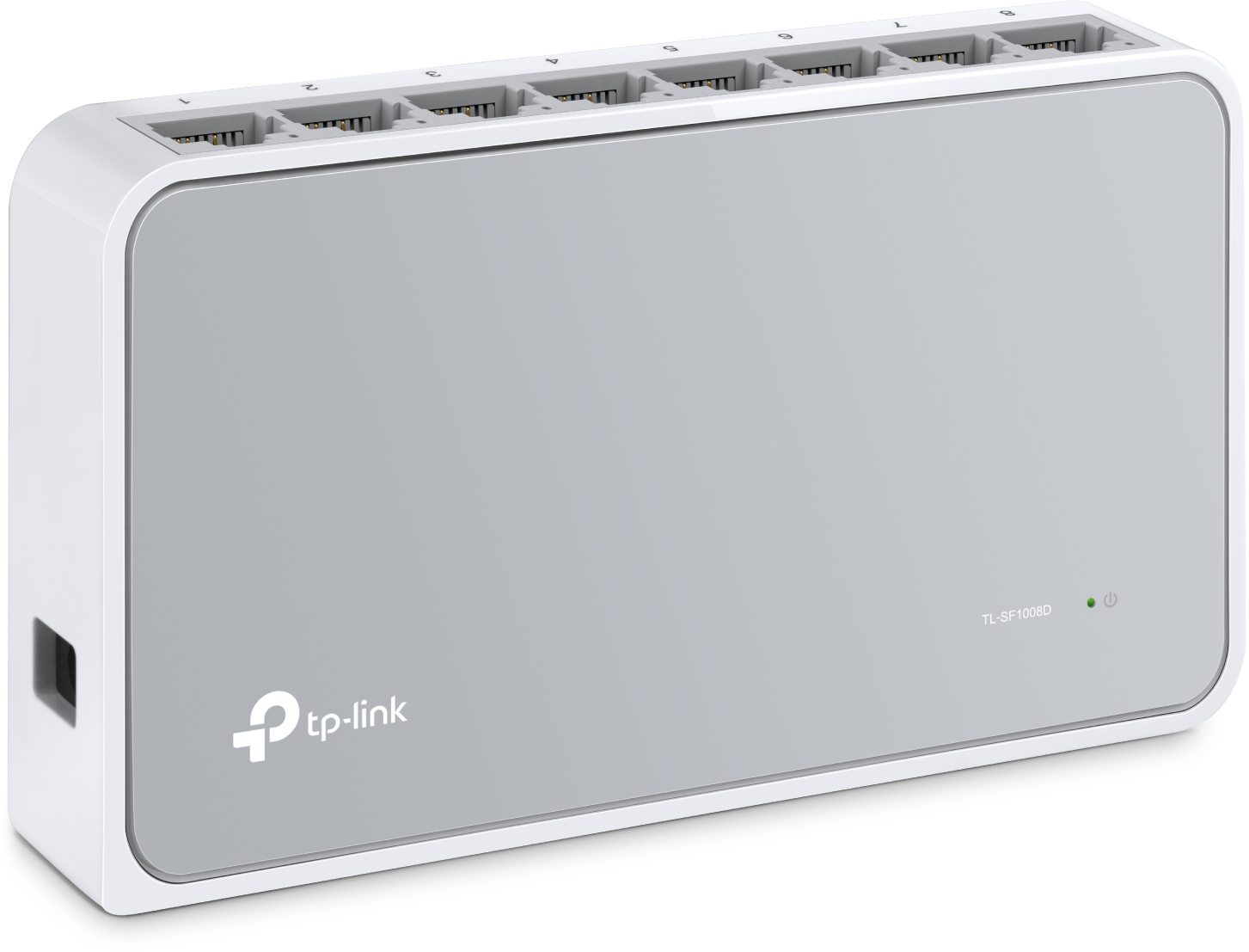 Egy fehér és szürke TP-Link 8 portos gigabit asztali switch tápcsatlakozóval.