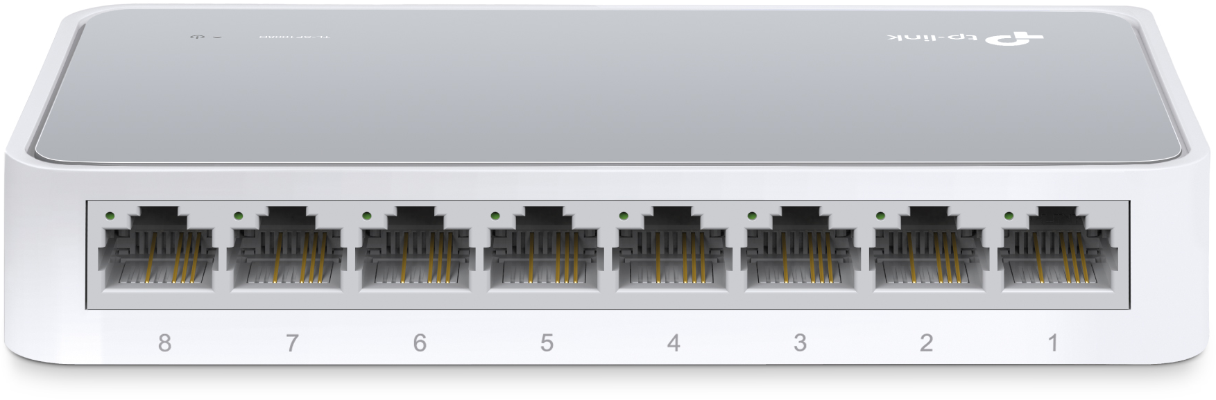 Fehér TP-Link 8 portos switch nyolc számozott Ethernet porttal.