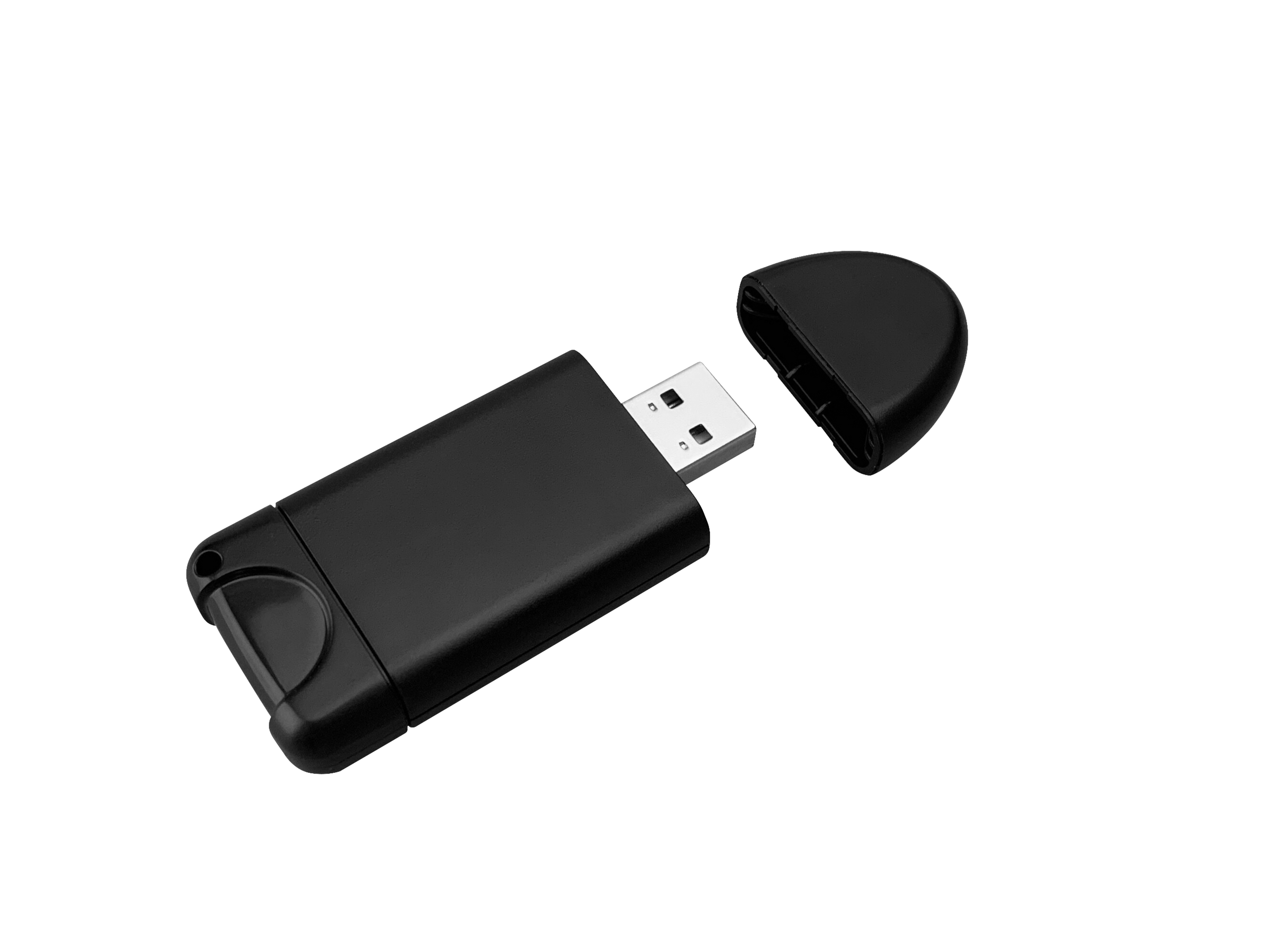 Schwarzer USB-Stick mit abgenommener Kappe, der den USB-Anschluss zeigt.