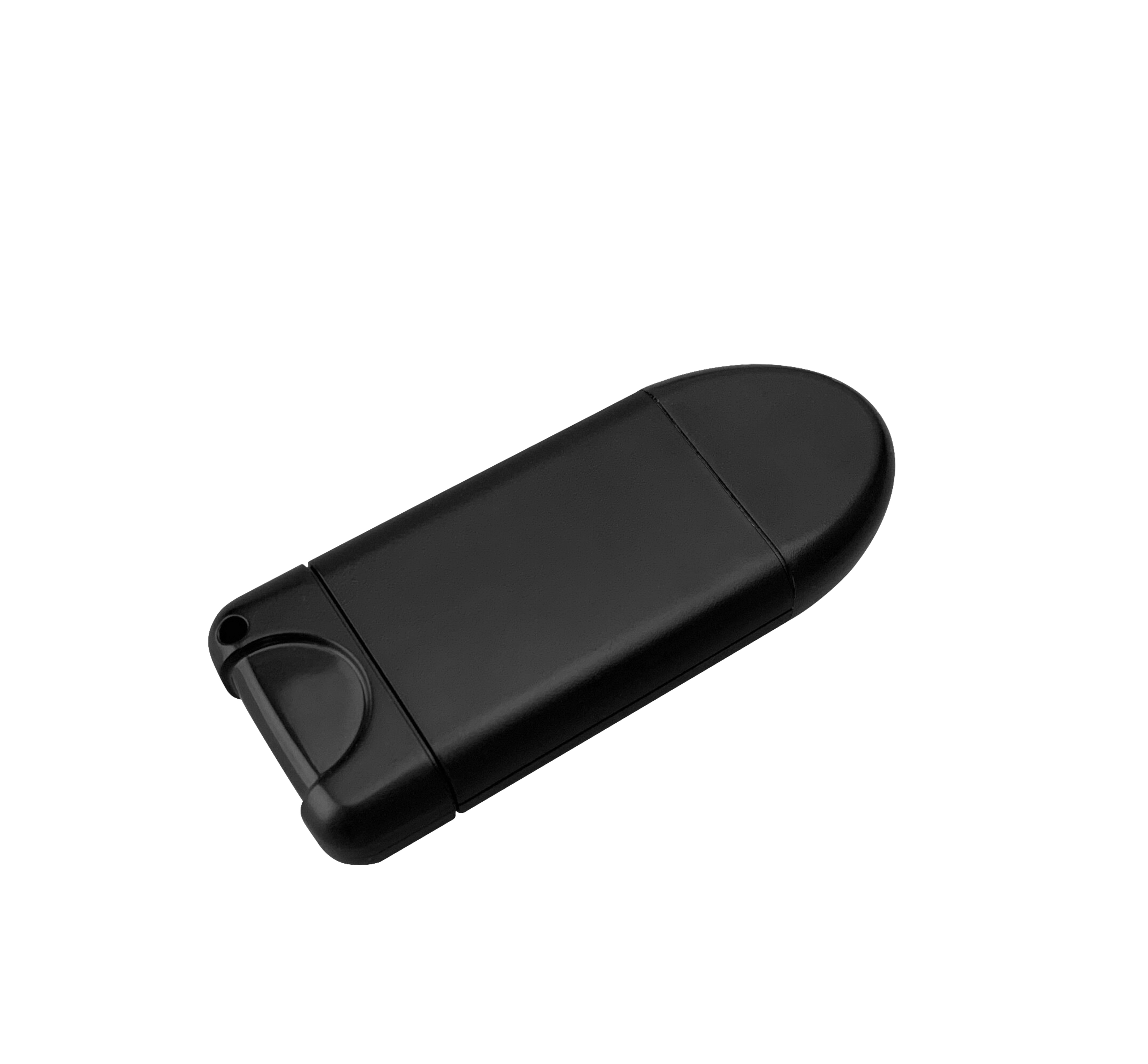 Ein schwarzer USB-Stick mit geschwungener Form auf weißem Hintergrund.