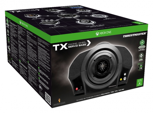 Eine Thrustmaster TX Racing Wheel Servo Base Box. Die Box ist schwarz, grün und weiß, mit dem Produkt abgebildet.