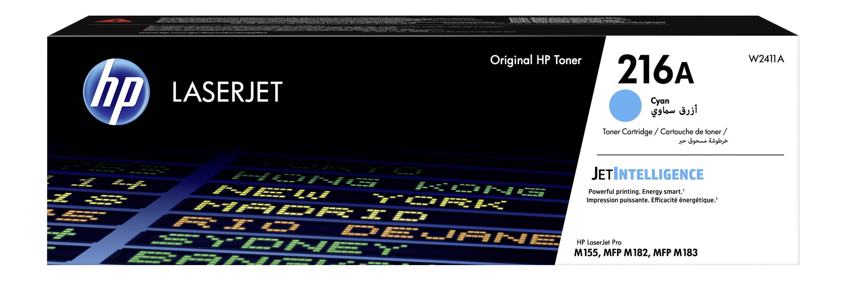 HP LaserJet Tonerkartuschenbox. Blaues und schwarzes Design mit Cyan-Farbinformationen, weißer Hintergrund.